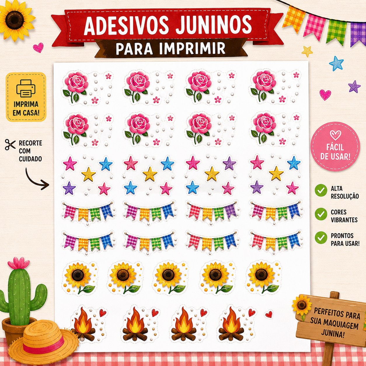 Cartela de adesivos juninos para imprimir em casa
