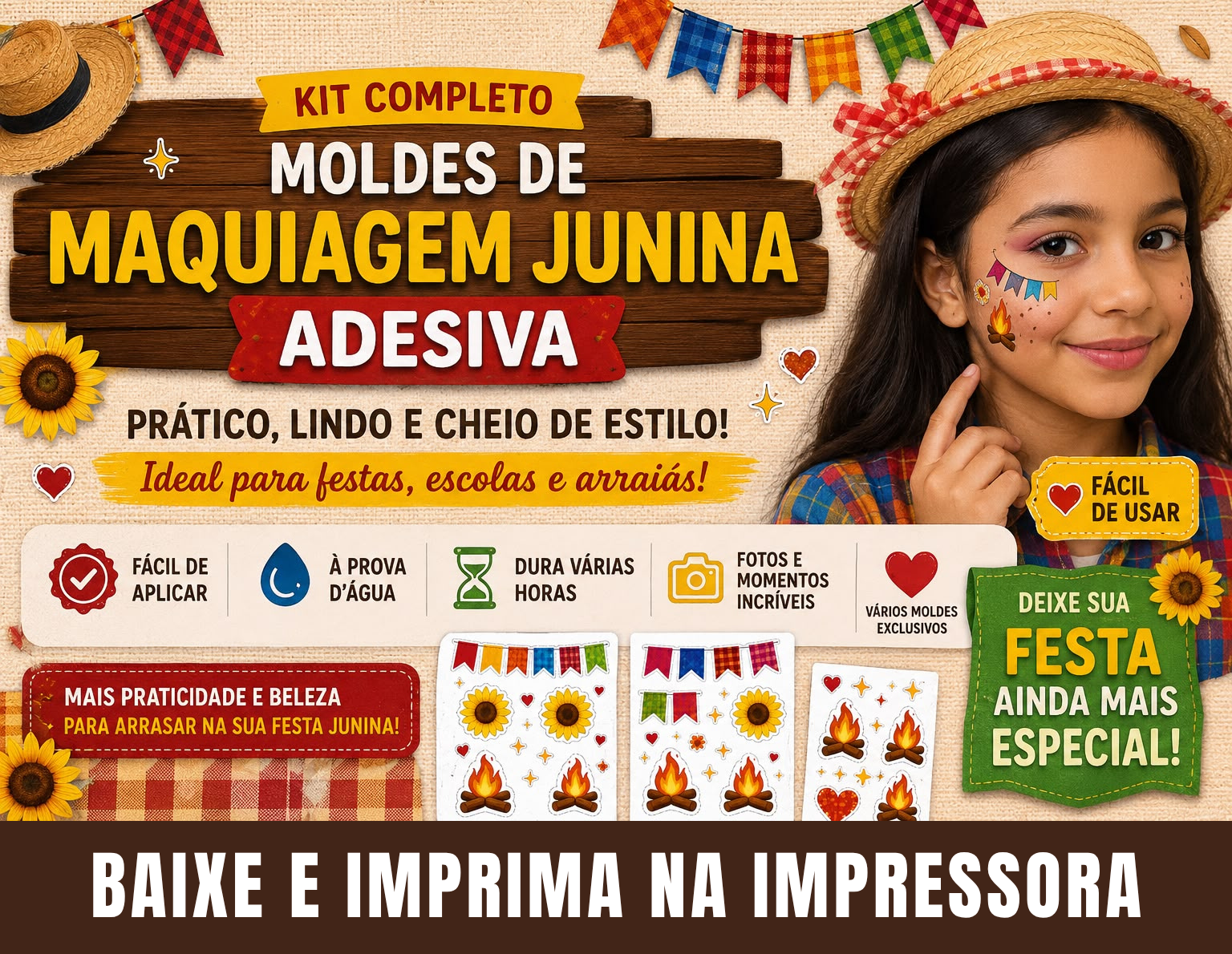 Kit completo de moldes de maquiagem junina adesiva