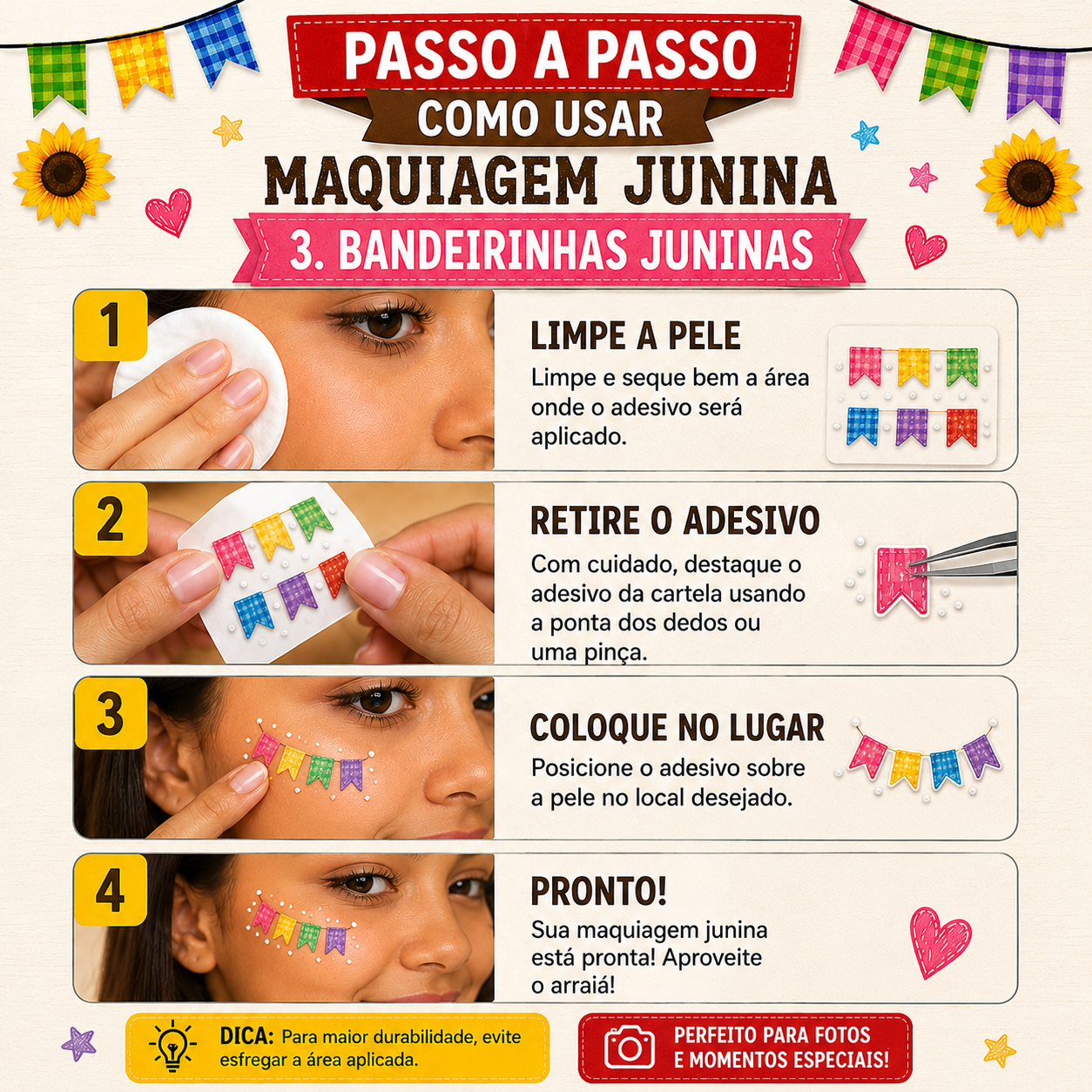 Passo a passo da maquiagem junina com bandeirinhas
